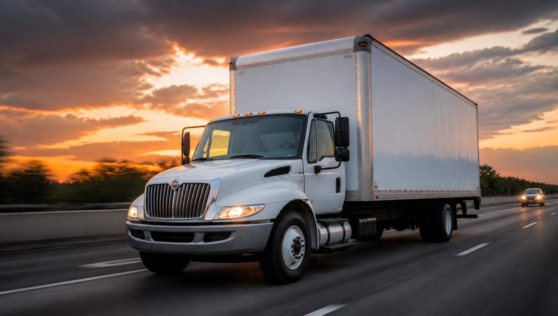 26ft box truck driving on a highway at dusk